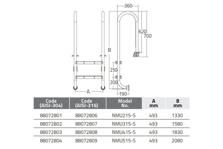 Лестница 4 ступени (у.б.) Emaux NMU415-S  AISI-316 (88076608)