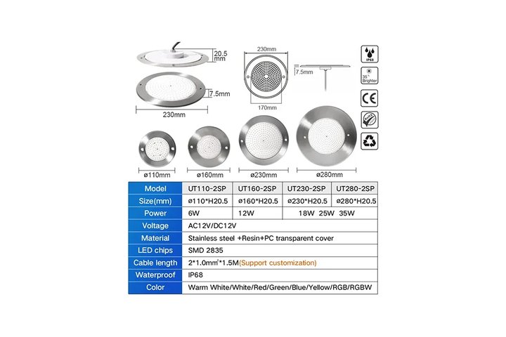 Прожектор  встраиваемый из нерж. стали (12Вт/12В) LED Cold white Tadpole JKD-UT160-2SP