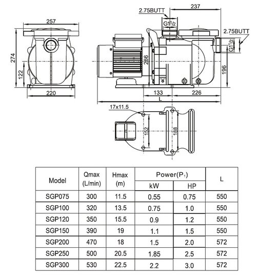 Насос (0,55кВт 220B 10,9 м3/ч h 8м в.ст.) Mayer Schwimmbad LX SGP075