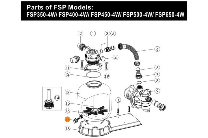 Пробка сливная в компл. с сепаратором фильтра FSP350-4W - FSP650-4W Emaux 89011601/Е010002