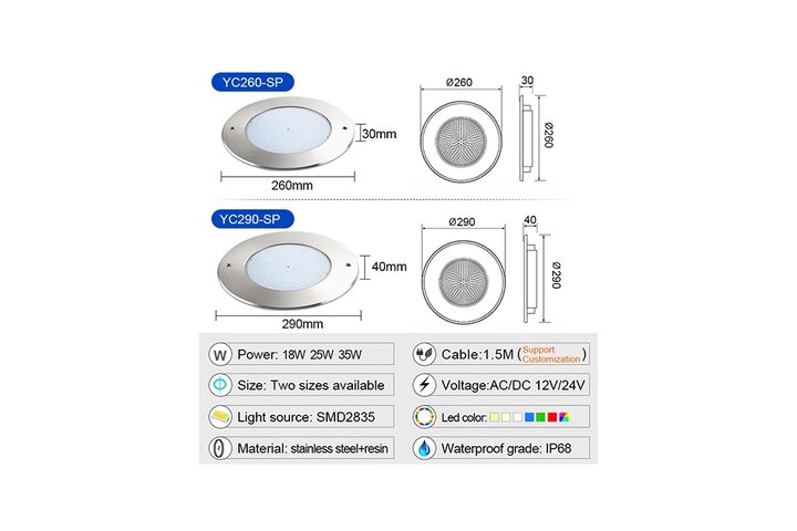 Прожектор  встраиваемый из нерж. стали (35Вт/12В) LED RGB с пультом Tadpole JKD-YC290-SP