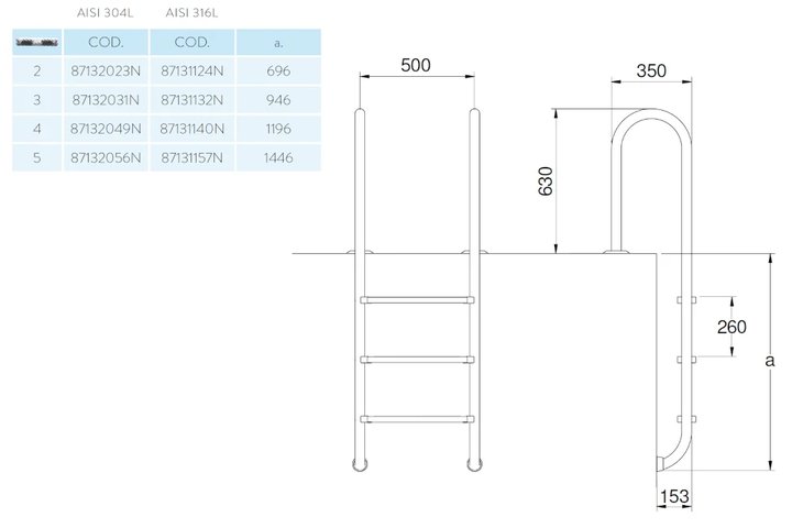 Лестница  3 ступени  (у.б.) Flexinox WALL  AISI-316 (87131132)